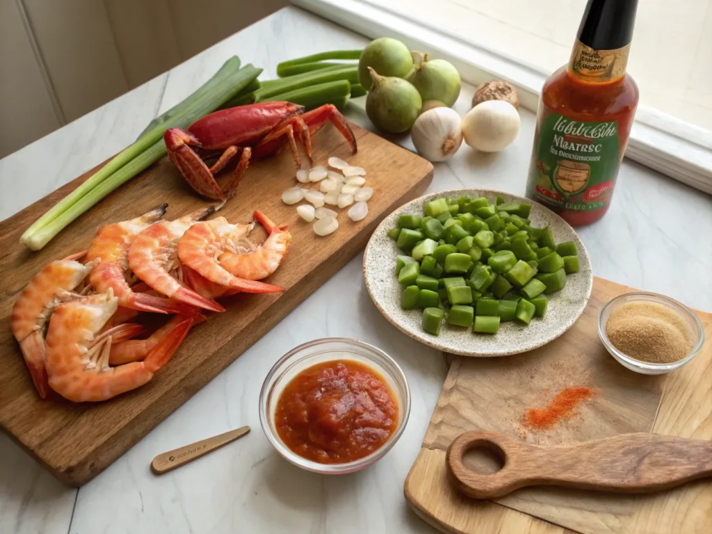 Fresh shrimp, crab, okra, and diced vegetables prepared for Louisiana seafood gumbo.