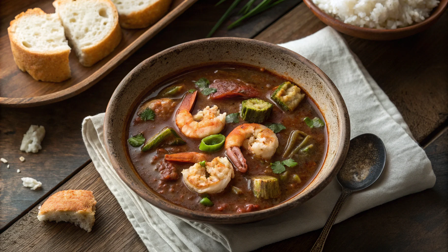 A bowl of Louisiana seafood gumbo with shrimp, crab, and okra in a dark broth served alongside rice.