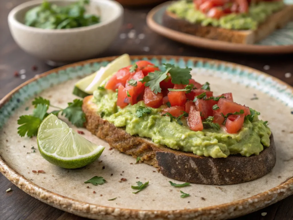 Sweet avocado toast with berries, honey, and chia seeds