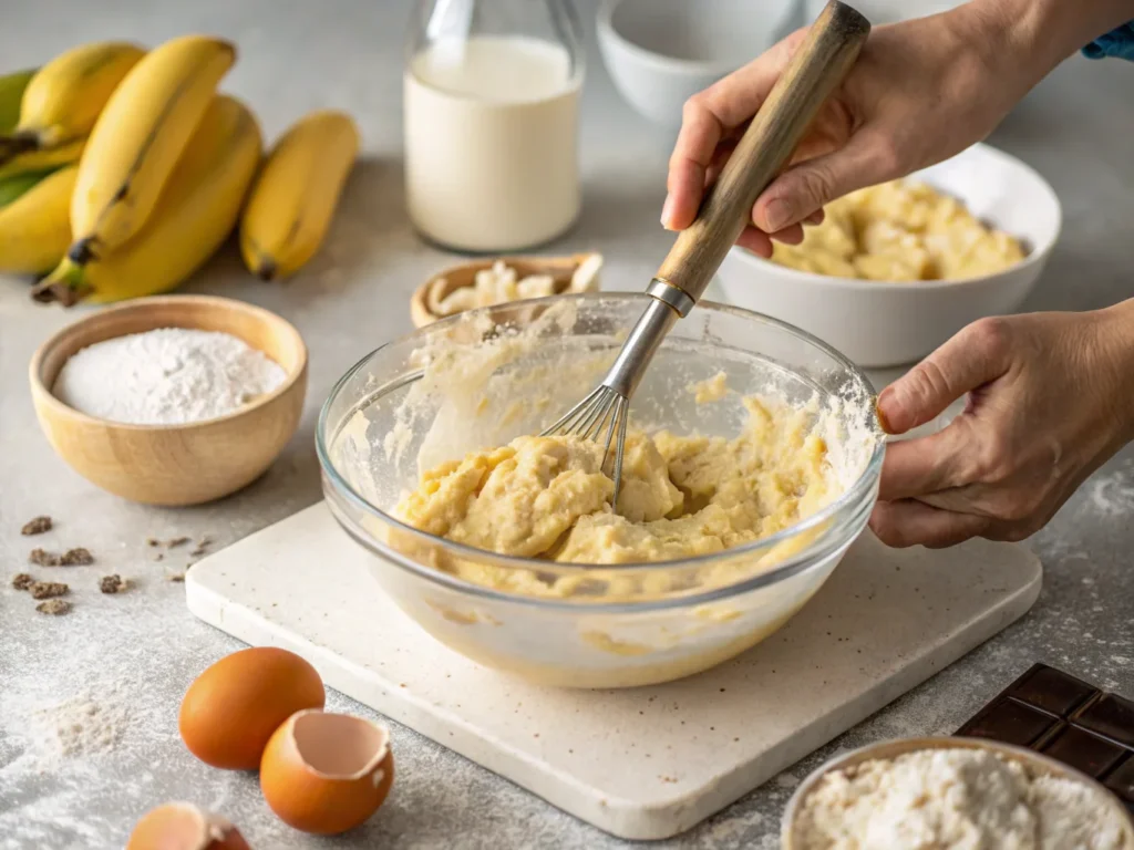 Mixing banana bread batter with 2 bananas in a glass bowl, showing the smooth texture of the batter. Perfect for a moist and easy banana bread recipe with 2 bananas.