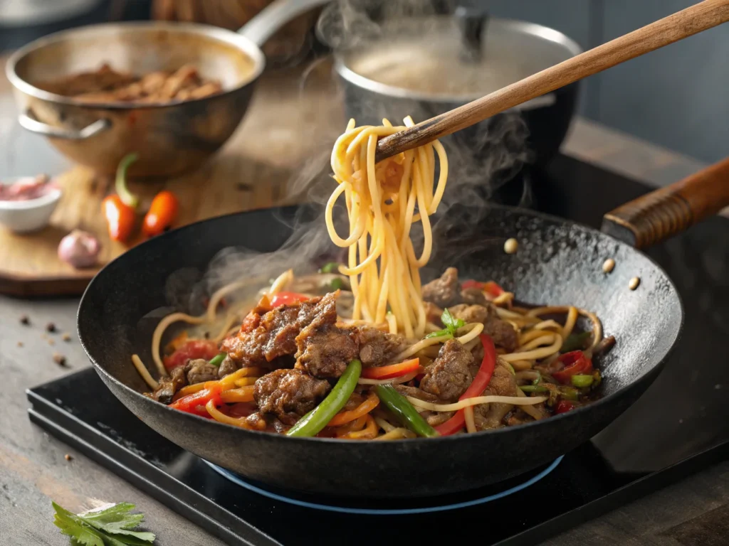 Mongolian Ground Beef Noodles Being Stir-Fried in a Wok