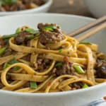 Mongolian Ground Beef Noodles in a Bowl