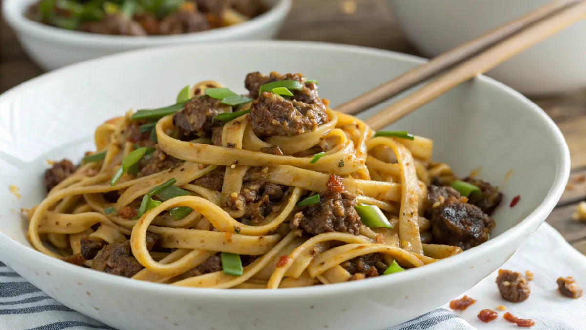 Mongolian Ground Beef Noodles in a Bowl