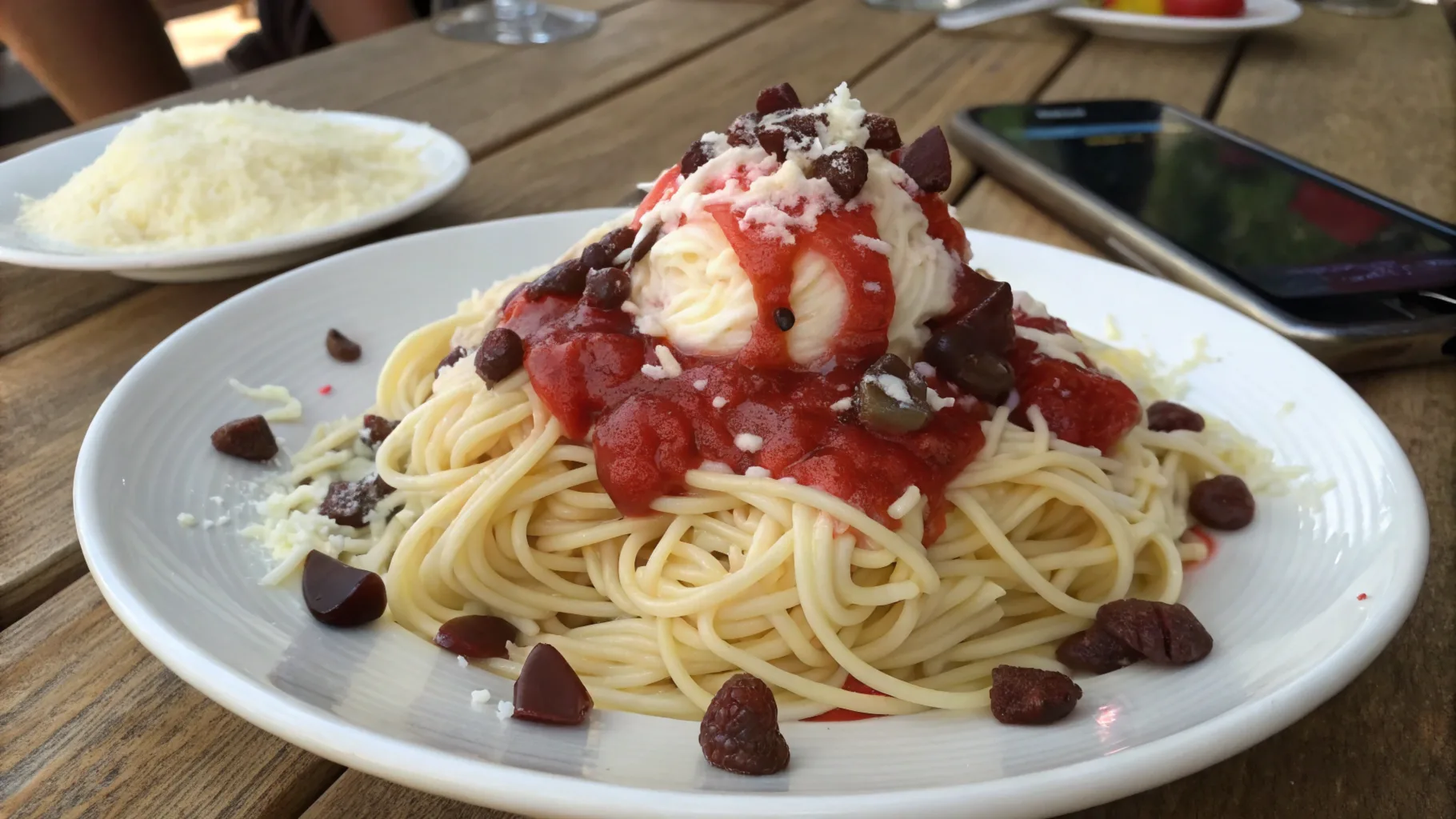 Spaghetti ice cream served in a bowl with grated vanilla ice cream resembling noodles, topped with strawberry sauce and white chocolate flakes, a creative dessert in natural lighting.