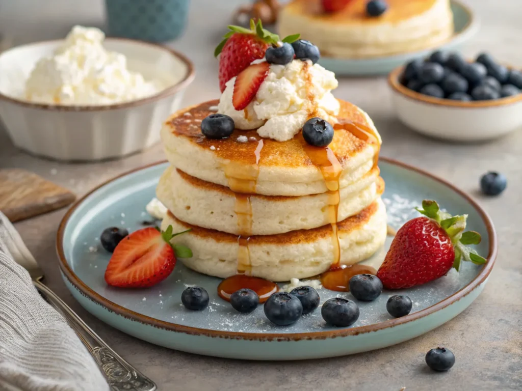 a stack of pancakes with strawberries and blueberries on a plate