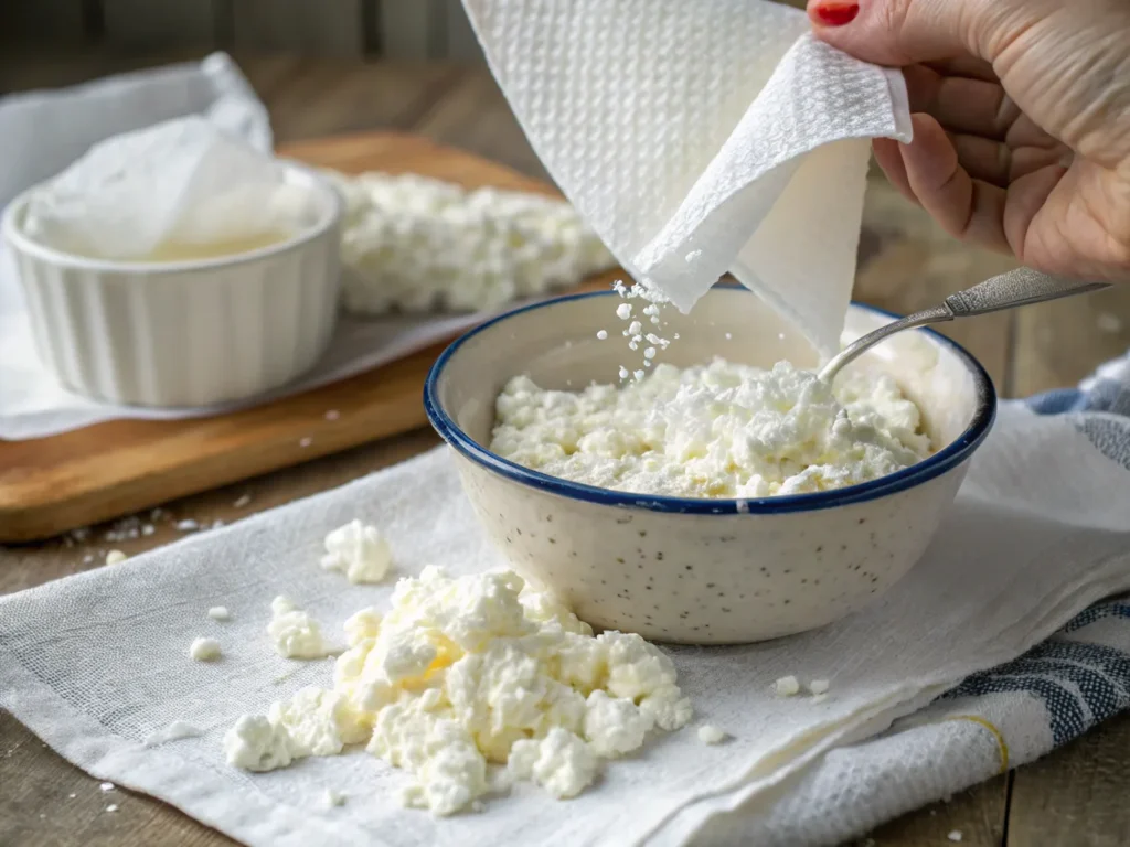 Paper towels absorbing excess liquid from cottage cheese.