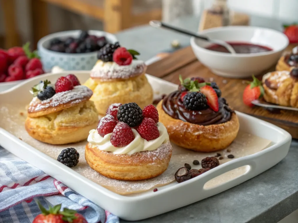 Assorted pastry puffs with different creamy fillings and toppings