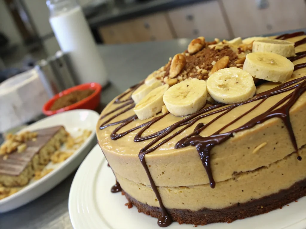 Peanut butter cake with chocolate drizzle and bananas.