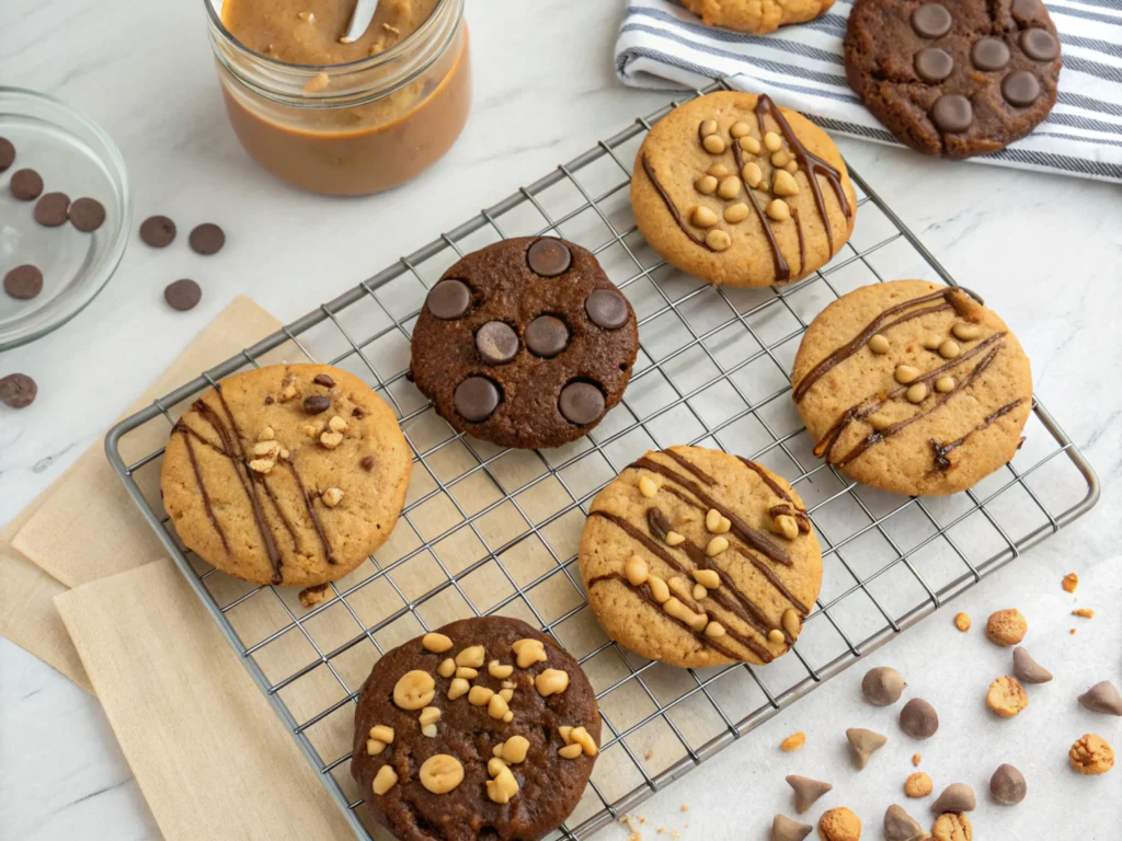 Freshly baked peanut butter cookies stored in a glass jar