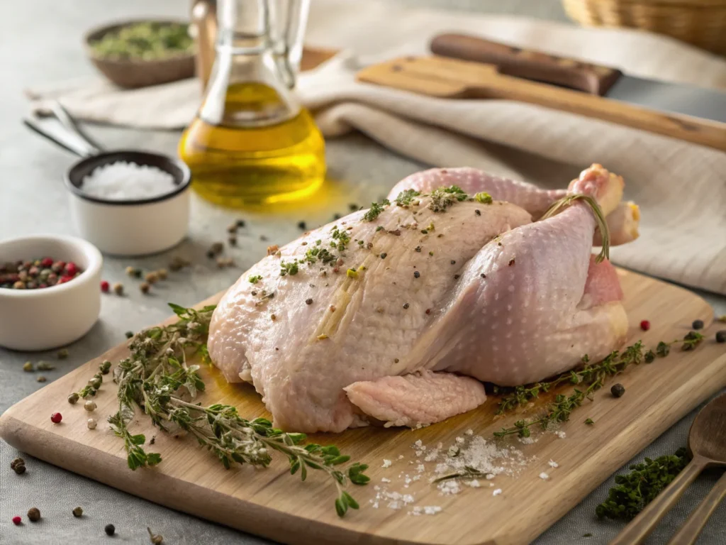 Preparing Ina Garten roast chicken with olive oil and herbs