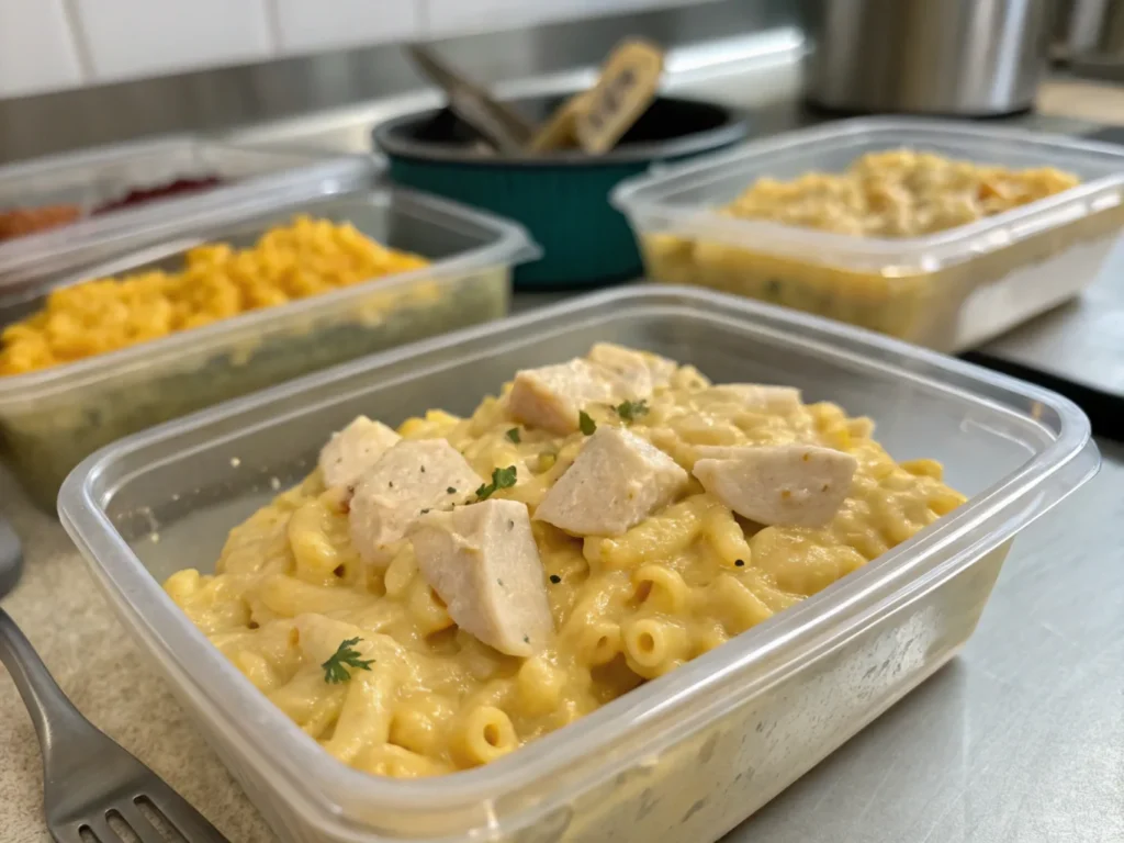 Protein mac and cheese in meal prep containers with chicken, tofu, and vegetables, perfect for a balanced, protein-filled meal.