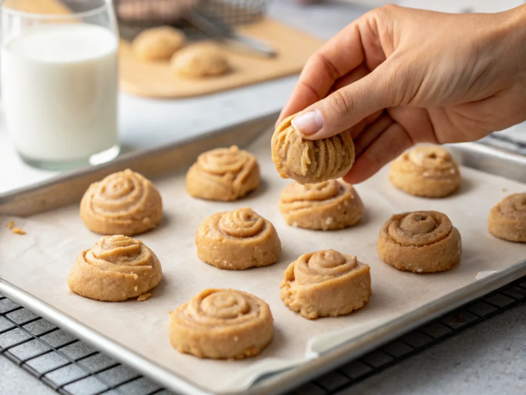 Scooping peanut butter cookie dough onto a baking sheet