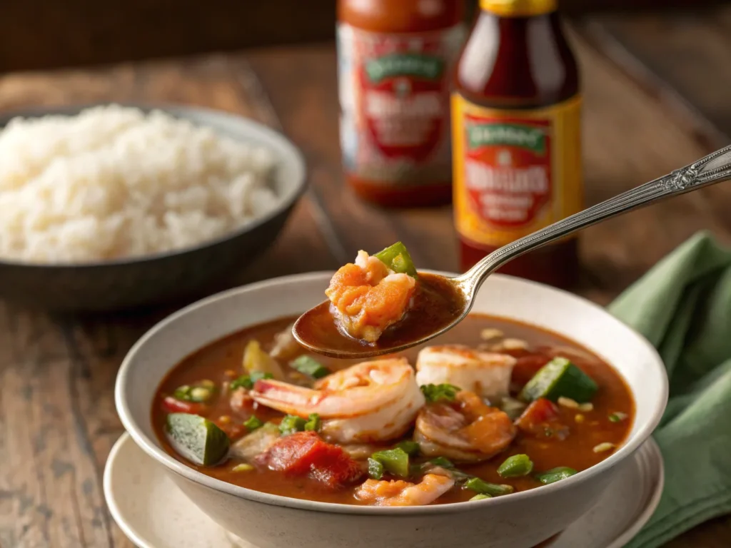 A spoon lifting a serving of Louisiana seafood gumbo with shrimp and okra.