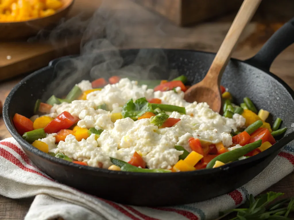 Cooking cottage cheese with vegetables in a skillet.