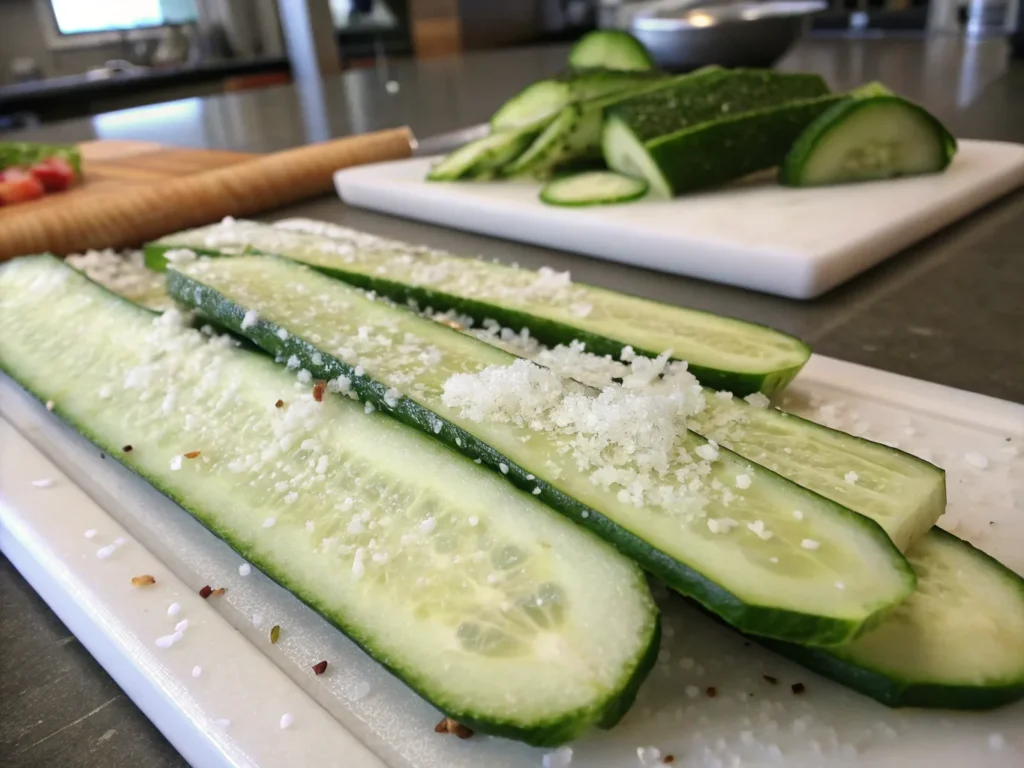 Cucumbers sliced and prepped for Din Tai Fung cucumber recipe.