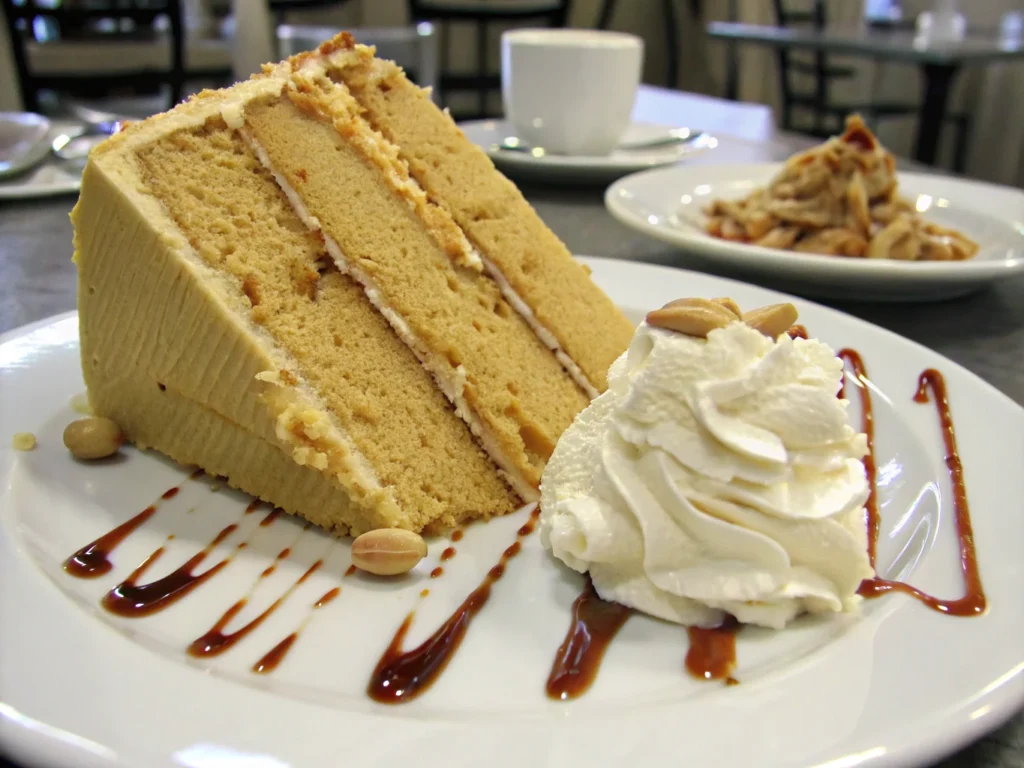 Sliced peanut butter cake with whipped cream.