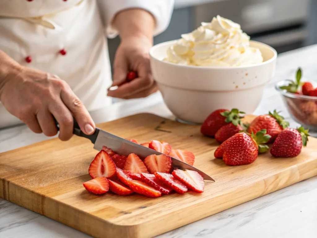 Fresh strawberries being sliced for pastry filling