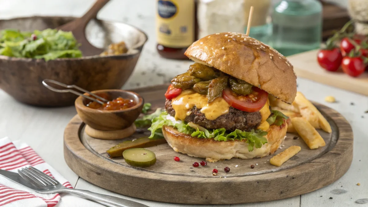 Mouth-watering smash burger with toppings