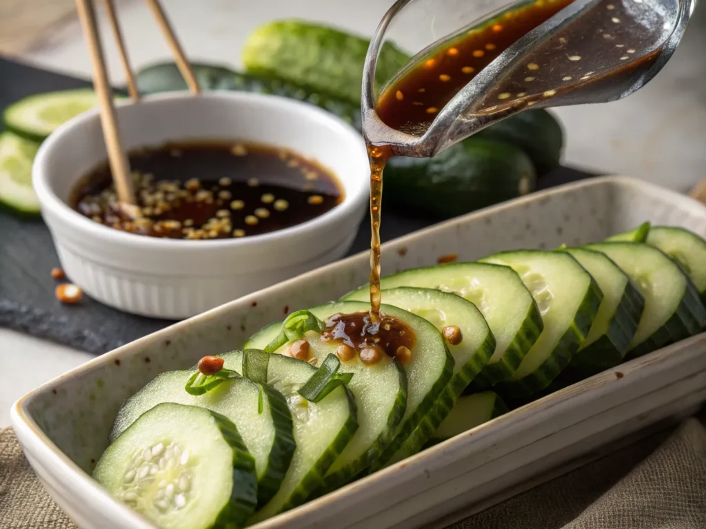 Soy sauce dressing poured over cucumbers for the Din Tai Fung recipe.