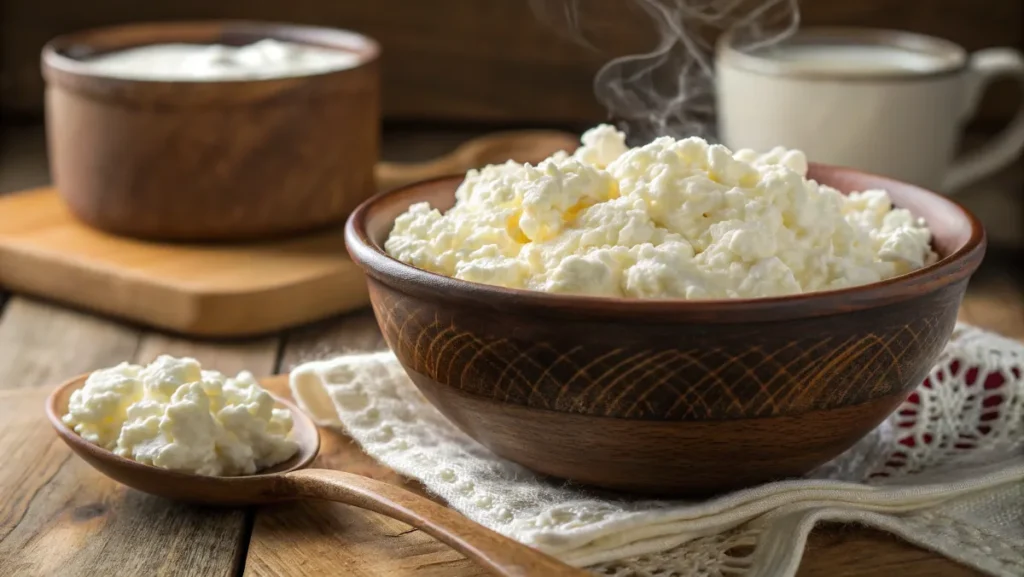 Steaming cottage cheese highlighting protein content.