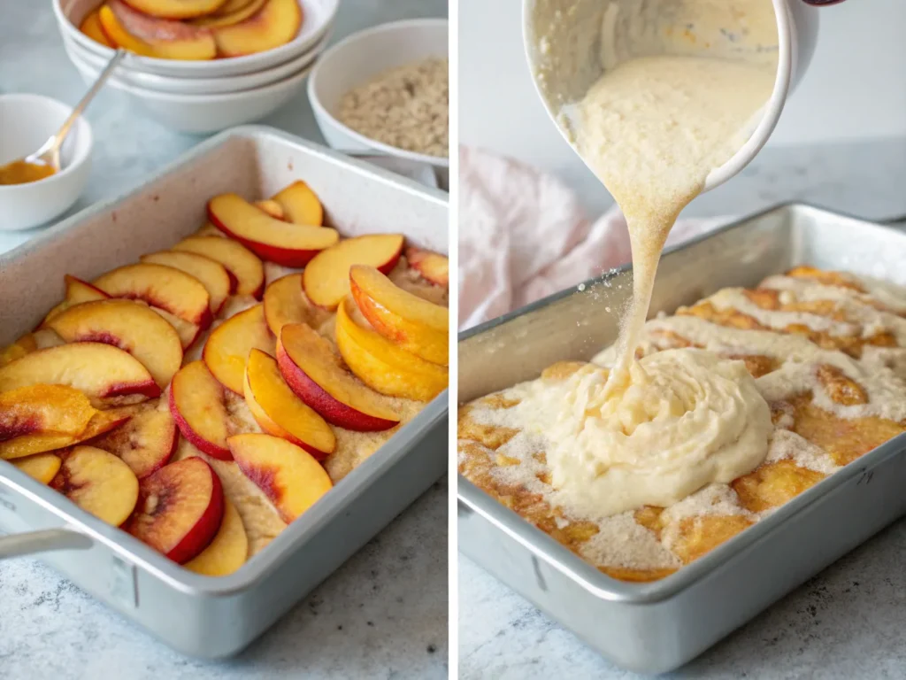 Preparing peach cobbler with cake mix step by step.