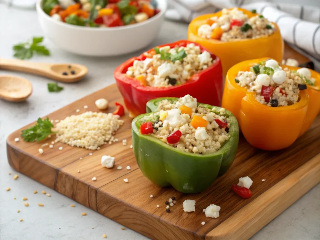 Stuffed bell peppers with cottage cheese filling.
What happens if you heat up cottage cheese? A close-up of warm cottage cheese in a bowl, garnished with fresh herbs.