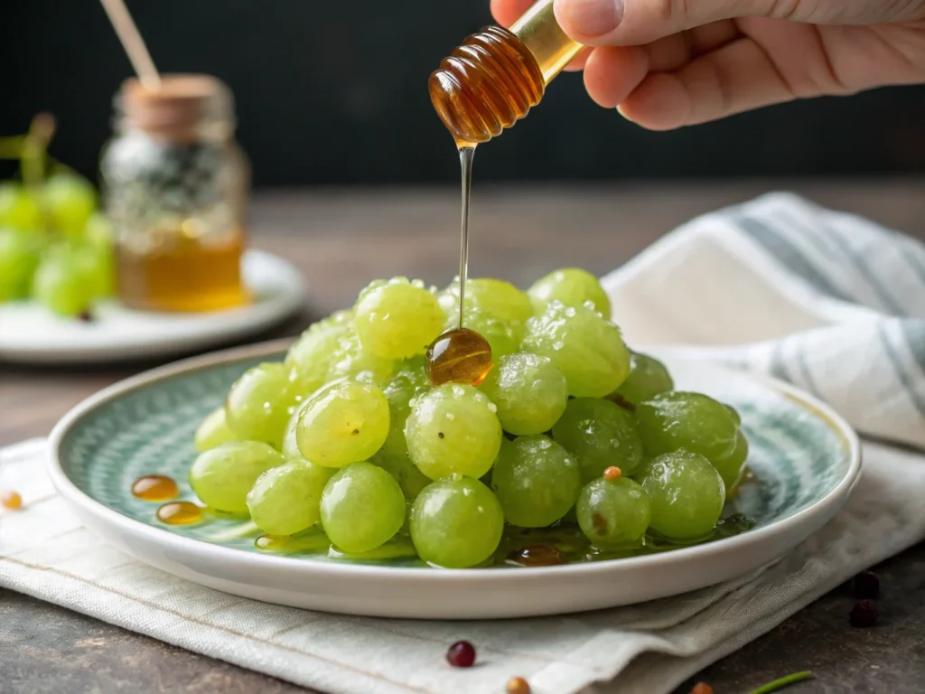 Sweetening sour green grapes with honey.