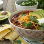 Taco soup with toppings like cheese, sour cream, and avocado.