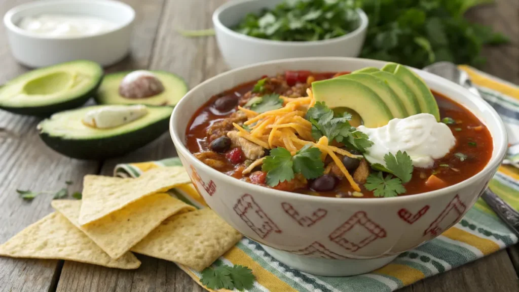 Taco soup with toppings like cheese, sour cream, and avocado.