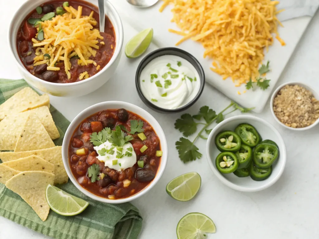 What are the best toppings for taco soup?  featuring cheese, sour cream, and lime wedges in bowls.