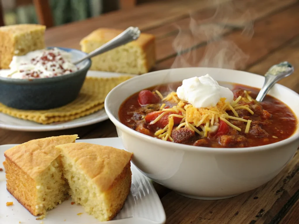 Thickened taco soup with cheese and sour cream.