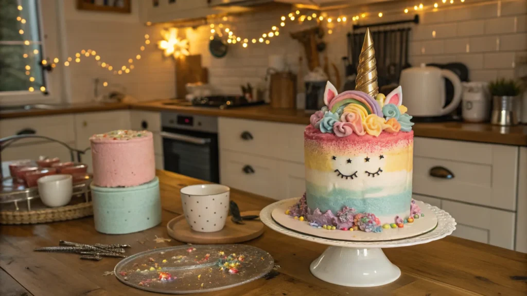 A vibrant unicorn cake with colorful frosting, a golden horn, and edible decorations.