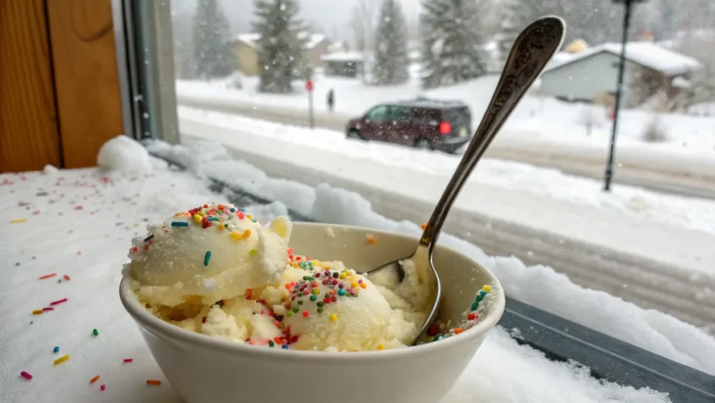 Bowl of freshly made vanilla snow cream recipe with colorful toppings.