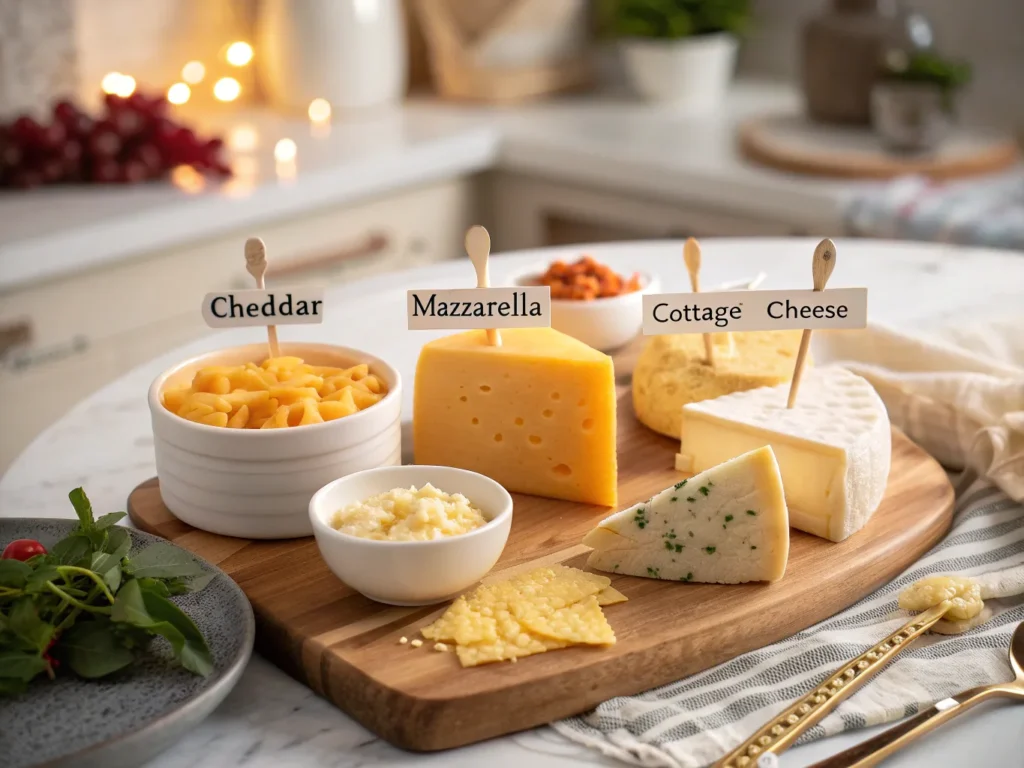 The science behind melting cheeses, showing different cheeses like mozzarella, cheddar, and cottage cheese with their melting properties.