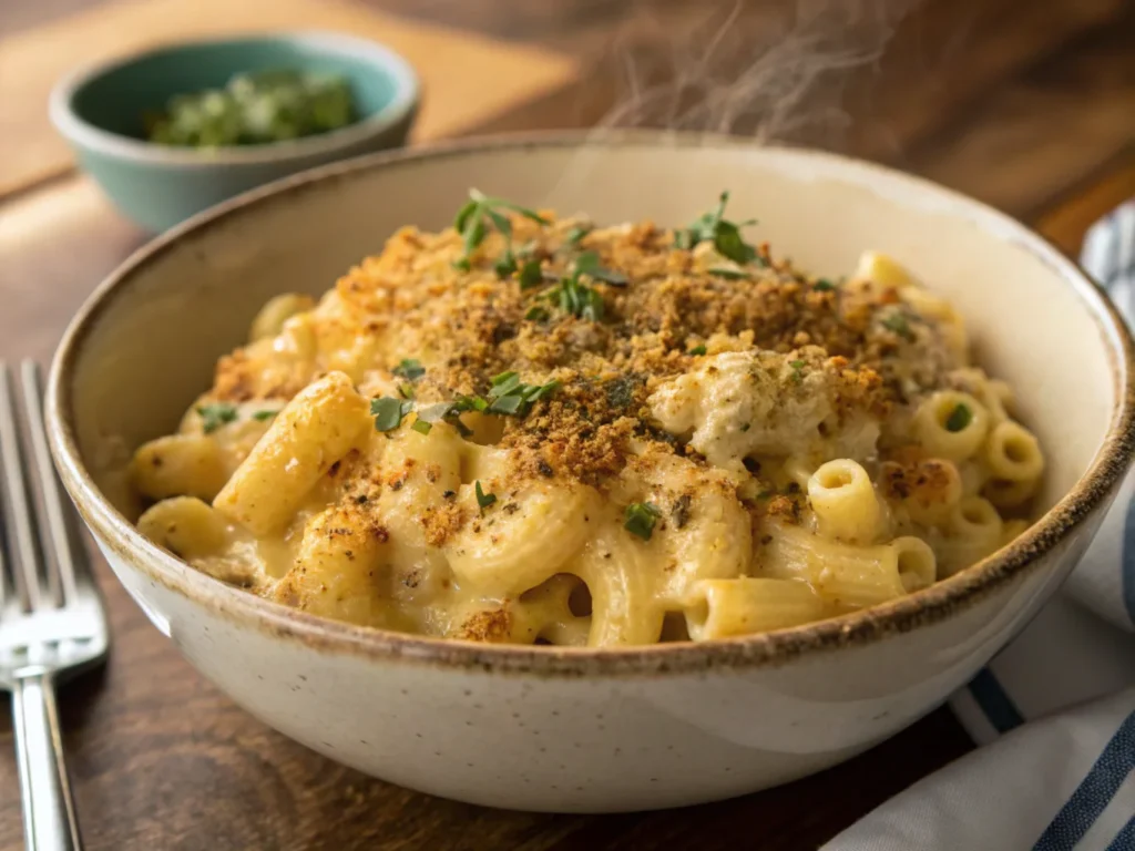 Vegan protein mac and cheese with tofu cubes and nutritional yeast, offering a plant-based, protein-rich alternative.