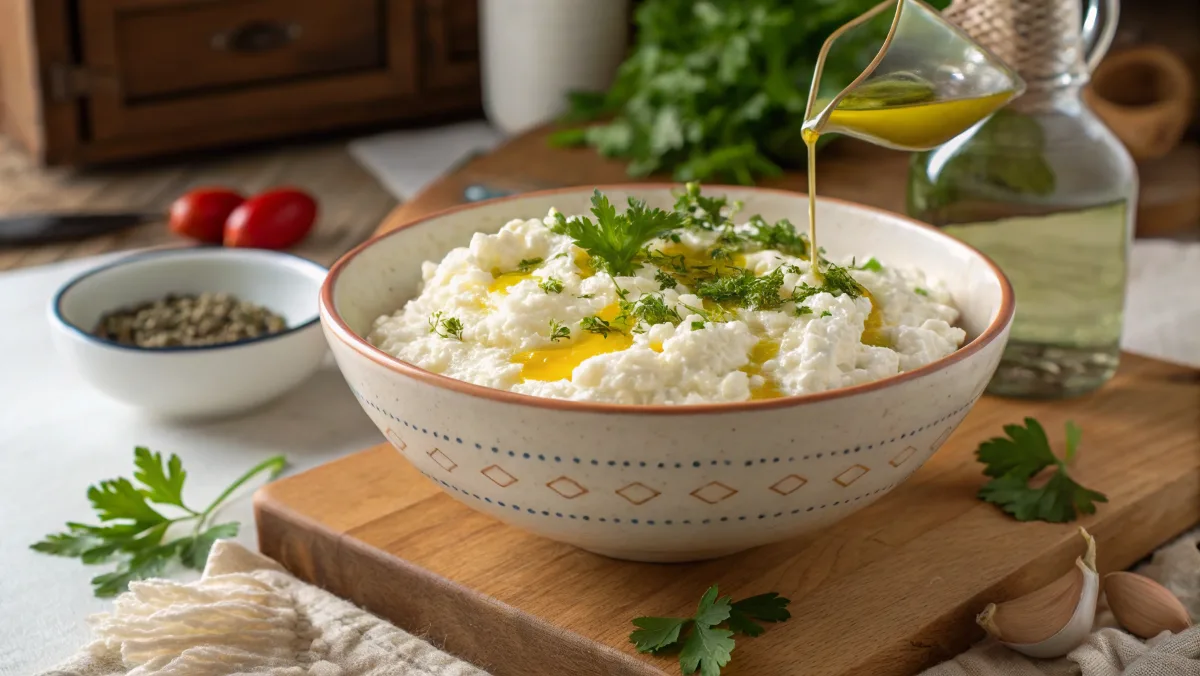 Warm cottage cheese garnished with fresh herbs.