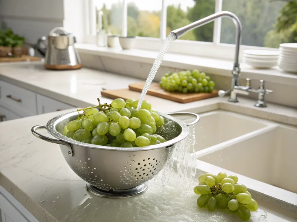 Washing green grapes before eating.