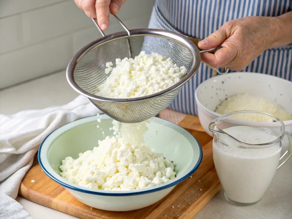 Weights pressing cottage cheese in a colander for even drainage.