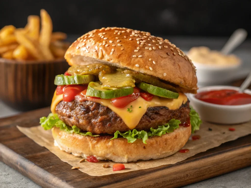 A close-up of a classic smash burger with crispy edges, melted cheese, and fresh toppings on a toasted bun.