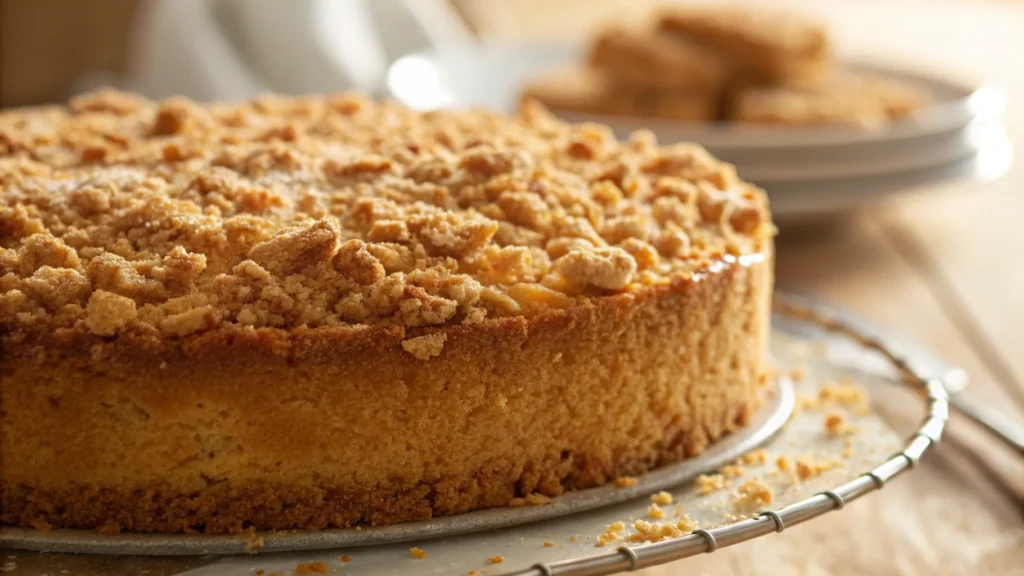 Freshly baked crumb cake with golden, crunchy topping.