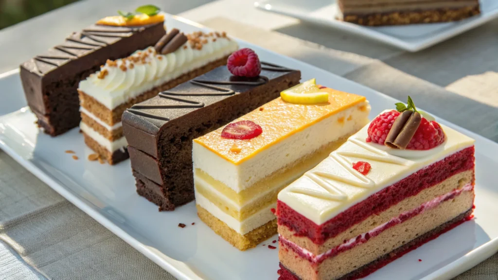 Assorted cake flavors including chocolate, red velvet, vanilla, and lemon on a plate.