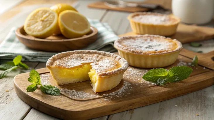 Freshly baked Baby Lemon Impossible Pies on a wooden tray