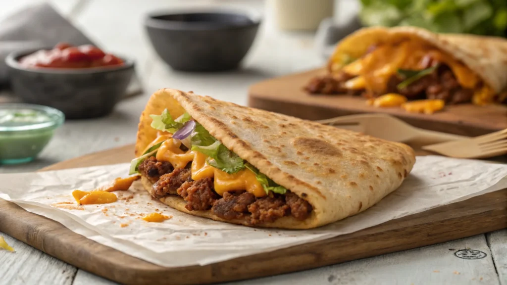 Cheesy Gordita Crunch close-up with melted cheese and seasoned beef.