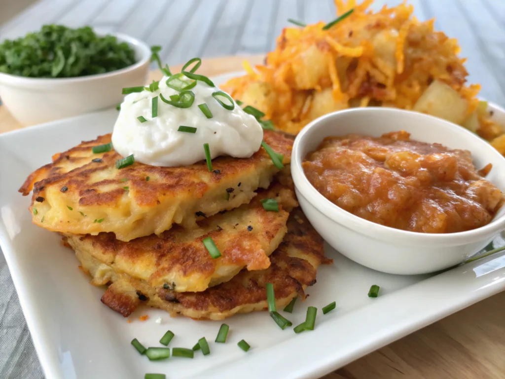 Crispy potato pancakes with sour cream and applesauce.