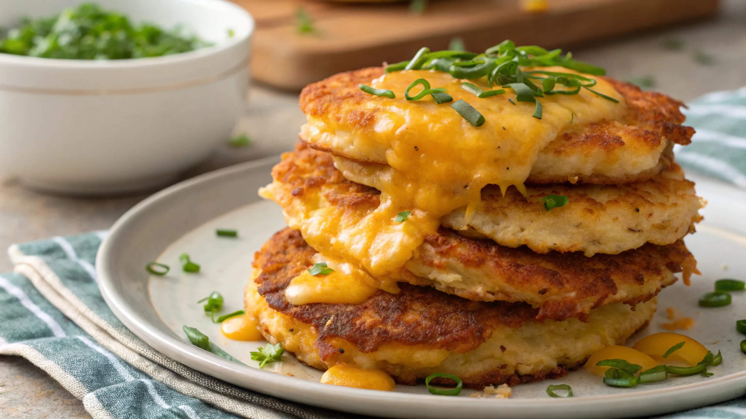 Crispy cheesy potato pancakes stacked with melted cheese.