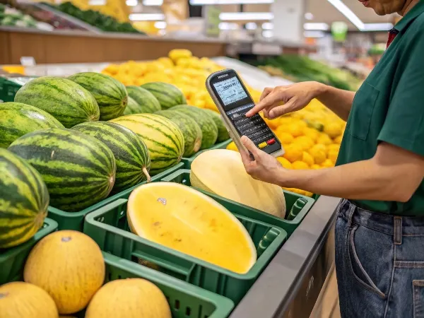 Person selecting a ripe yellow watermelon at the grocery store