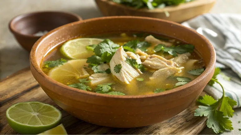 Steaming bowl of homemade consomé de pollo with lime and cilantro