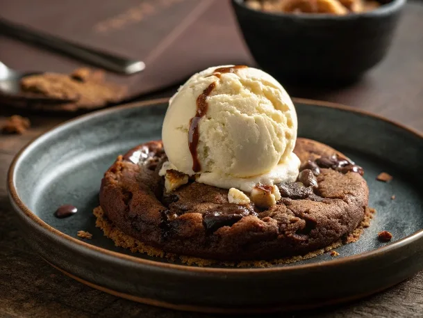 Warm double chunk chocolate cookie with vanilla ice cream