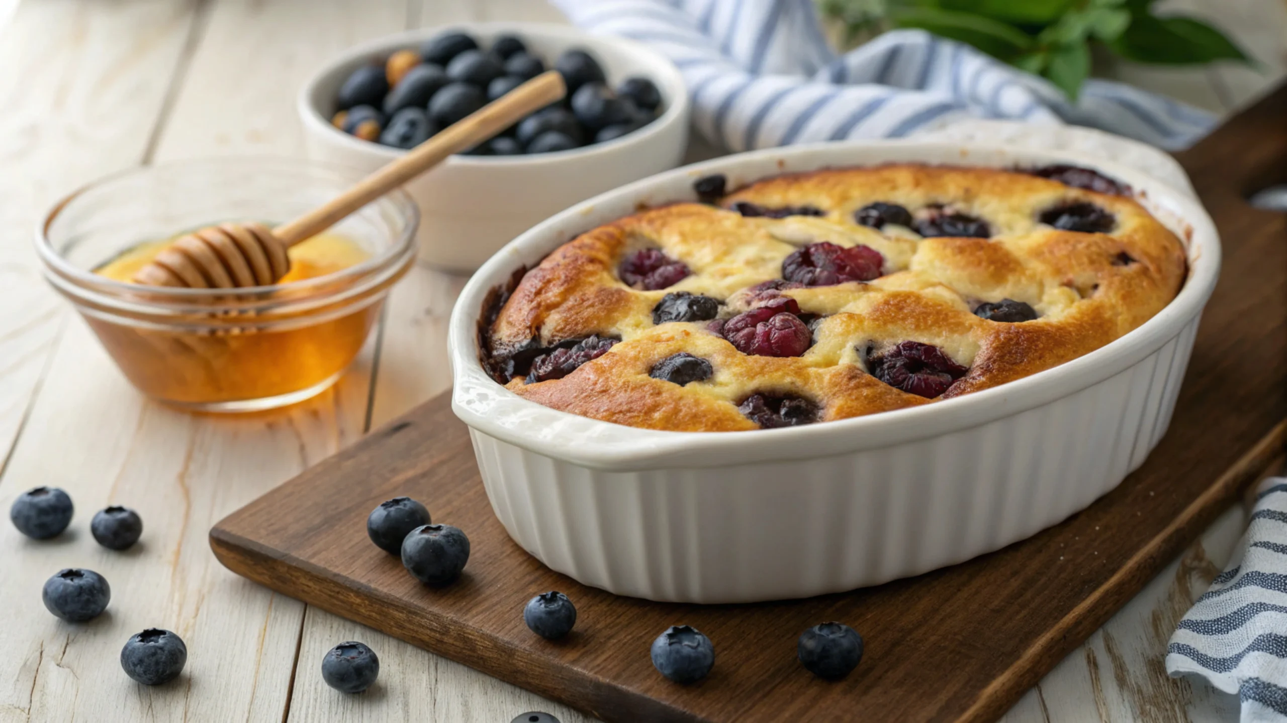 Cottage Cheese Blueberry Bake fresh out of the oven with blueberries bursting through.