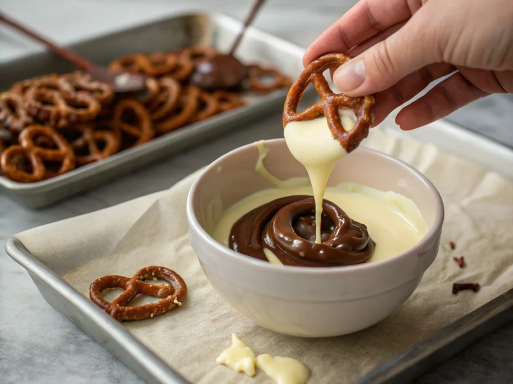 Dipping pretzels in white chocolate